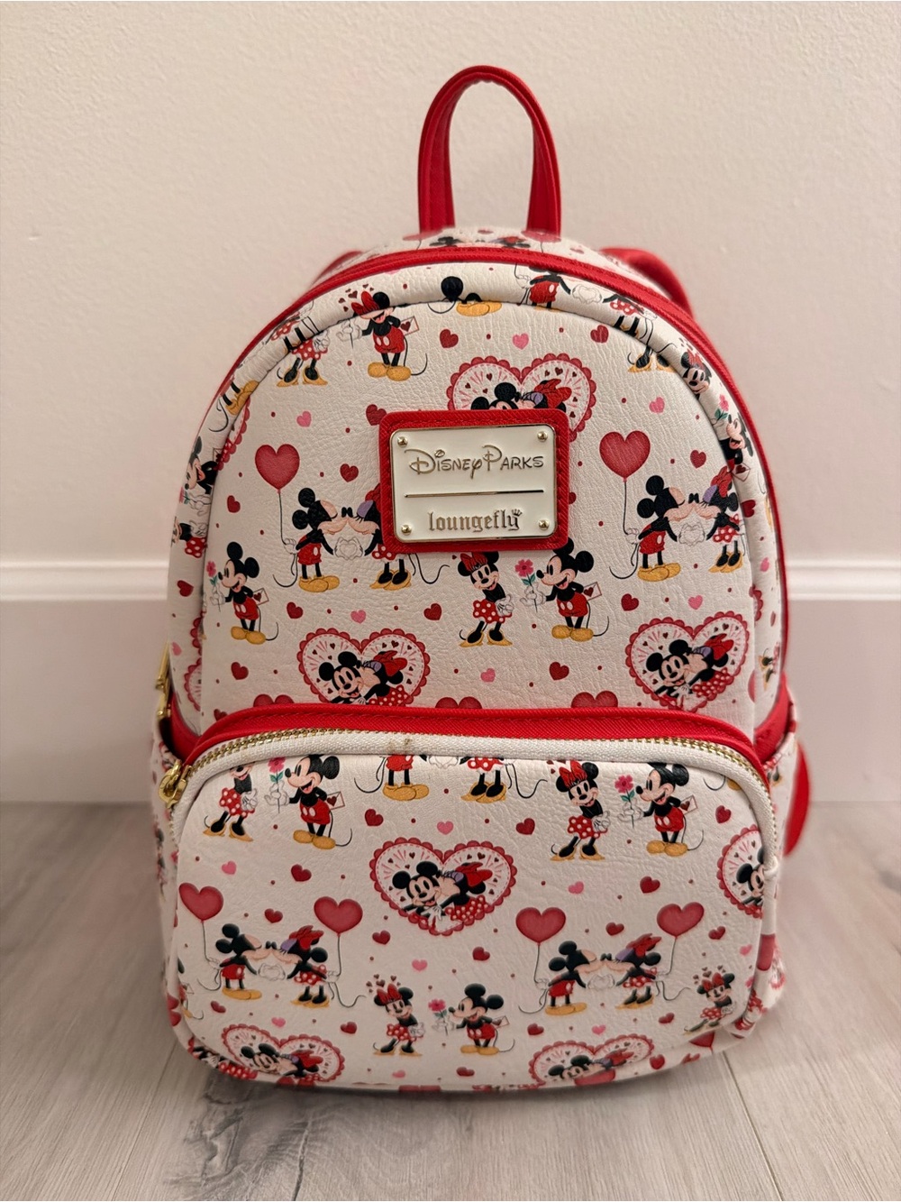 Loungefly White & Red Disney Mickey & Minnie Heart Kids Mini Backpack
